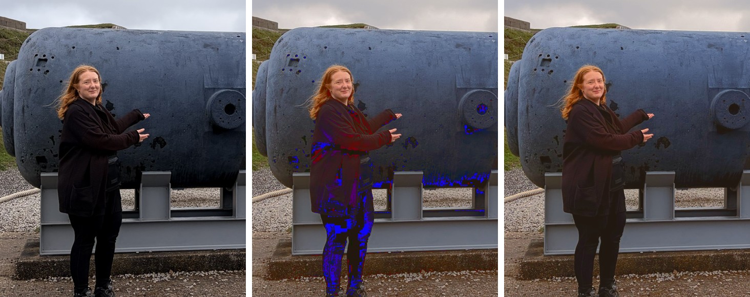 Rosie in front of a cannon at Fort Nelson, three times: as shot, with bright blue blotches in her dark clothes, and with Sennen applied.